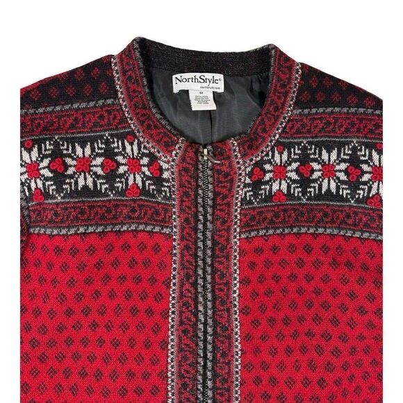 North Style Full Zip 100% Wool Cardigan Women’s Size Medium Fair Isle Nordic Red - Picture 2 of 8